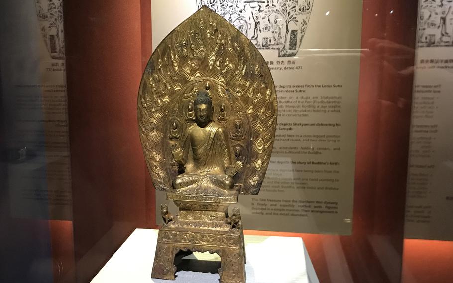 A bronze Northern Wei dynasty Buddha from the year 477 is displayed at the National Palace Museum in Taiwan.