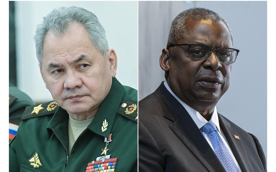 Russian Defense Minister Sergei Shoigu, left, and Secretary of Defense Lloyd Austin. 