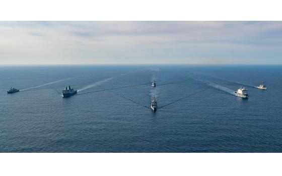 250705-N-UF626-3203 ATLANTIC OCEAN (July 5, 2025) – From left to right, the Halifax-class frigate HMCS Montreal (FFH 336), San Antonio-class amphibious transport dock USS New York (LPD 21), Ticonderoga-class guided missile cruiser USS Normandy (CG 60), Arleigh Burke-class guided-missile destroyer USS Ross (DDG 71), back, Rotterdam-class landing platform dock HNLMS Johan de Witt (L 801) and Arleigh Burke-class guided-missile destroyer USS Gonzalez (DDG 66) steam in formation during exercise Atlantic Alliance 2025 (AA25). AA25 is the premier East Coast naval integration exercise, featuring over 25 U. S. Navy and Marine Corps units alongside Dutch naval forces and British Royal Commandos. Spanning from North Carolina to Maine, AA25 will showcase a range of dynamic events including force integration, air assault operations, bilateral reconnaissance, naval strait transits, amphibious assault training and a simulated war-at-sea exercise. (U.S. Navy photo by Mass Communication Specialist 2nd Class Jesse Turner)