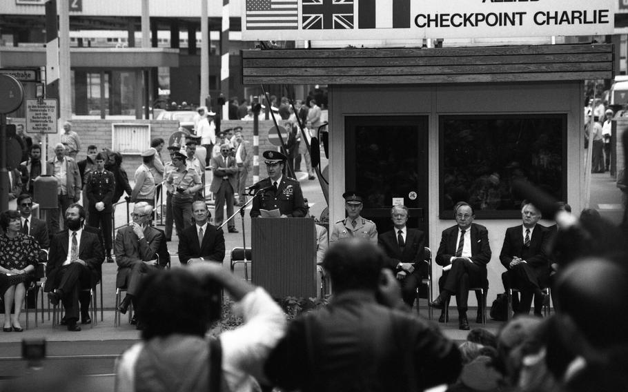 Maj. Gen. Raymond Haddock, U.S. commander for Berlin, speaks at the deactivation and removal ceremony for Checkpoint Charlie in Berlin on June 22, 1990. 