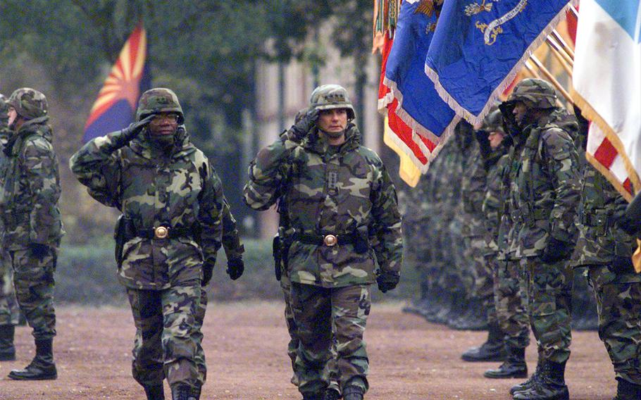 Deputy V Corps commander Maj. Gen. Reginal Clemmons and U.S. Army Europe commander Gen. Montgomery Meigs inspect the troops at a V Corps change of command ceremony in Heidelberg, Germany, in November 1999. Meigs died July 6, 2021. He was 76. 