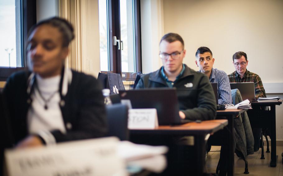 Military personnel attend the Transition Assistance Program class in preparation of separating from active duty at Naval Station Rota, Spain in 2020. A recent Government Accountability Office report found that many active-duty service members do not attend the mandatory class specifically designed to prepare them for civilian life.