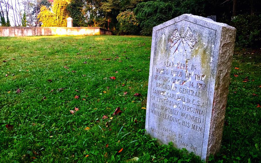 A stone tablet marks the area where Confederate Brig. Gen. Samuel Garland was slain on the Wise Farm at Fox's Gap, Md., during the Battle of South Mountain. Farther on, another monument marks the spot were Union Maj. Gen. Jesse Reno fell mortally wounded.
