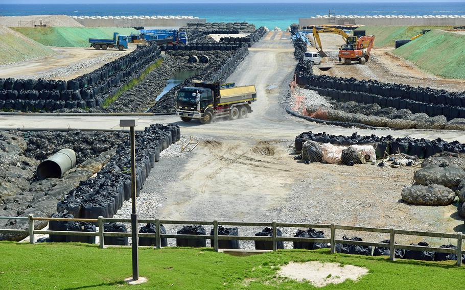 Construction work continues on a Marine Corps runway at Camp Schwab, Okinawa, Sept. 15, 2022. 