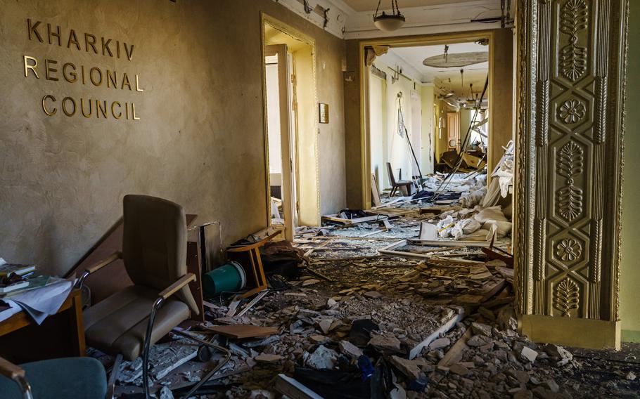 Inside the Kharkiv Regional Administration building, after it was destroyed by Russian bombardments, in Kharkiv, Ukraine, on March 25, 2022.