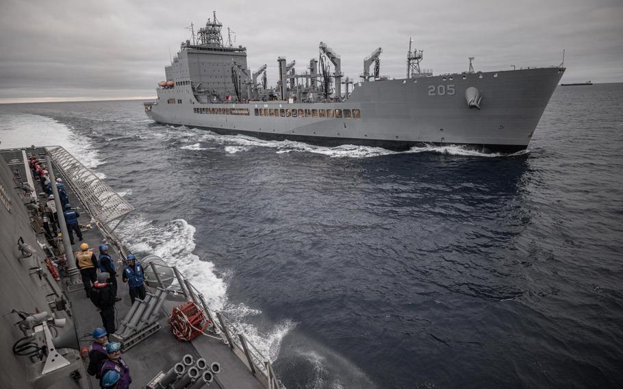 The oiler USNS John Lewis pulls away from the USS Canberra after refueling the ship in the Pacific Ocean on June 13, 2023. A future John Lewis-class oiler will be named after American abolitionist and social activist Harriet Tubman, Navy officials announced Saturday.