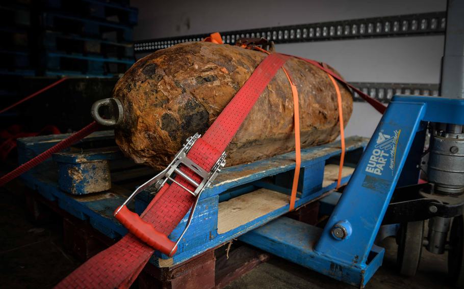 German explosive ordnance disposal crews defused a 550-pound World War II bomb May 11, 2023, in Kaiserslautern, Germany. The U.S.-made bomb was dropped decades ago on the industrial installations near railway lines in Kaiserslautern.
