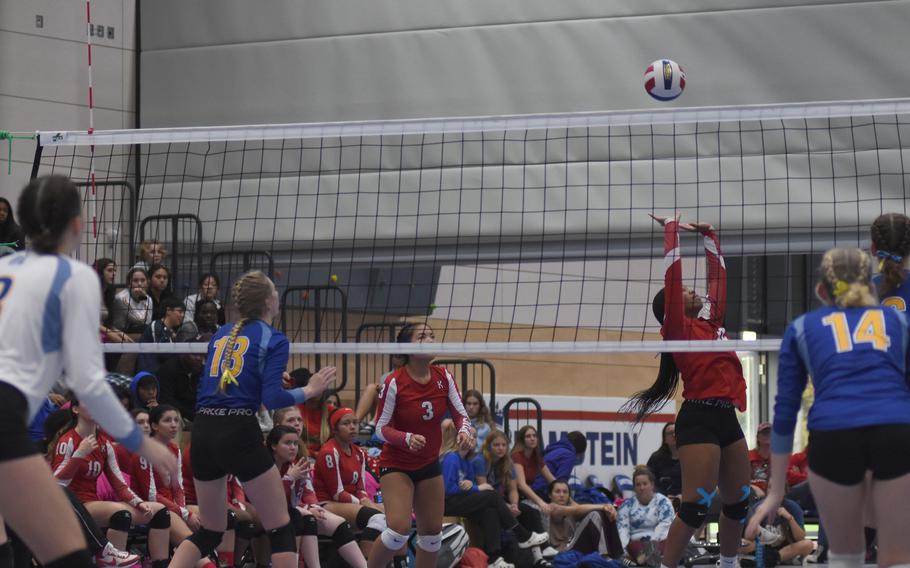 Kaiserslautern’s Se’maiya Farrow sets the ball during the DODEA-Europe Division I girls’ volleyball championship on Saturday, Oct. 29, 2022, at Ramstein High School in Germany. Wiesbaden won the match in four sets.