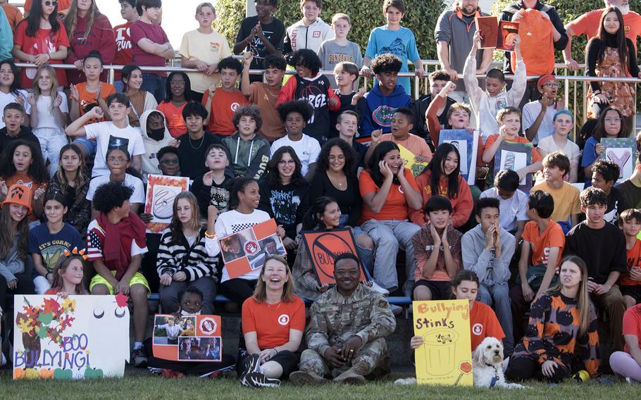 Students, teachers and others from the community gather for an anti-bullying event near Yokota Middle School at Yokota Air Base, Japan, Oct. 25, 2023. 