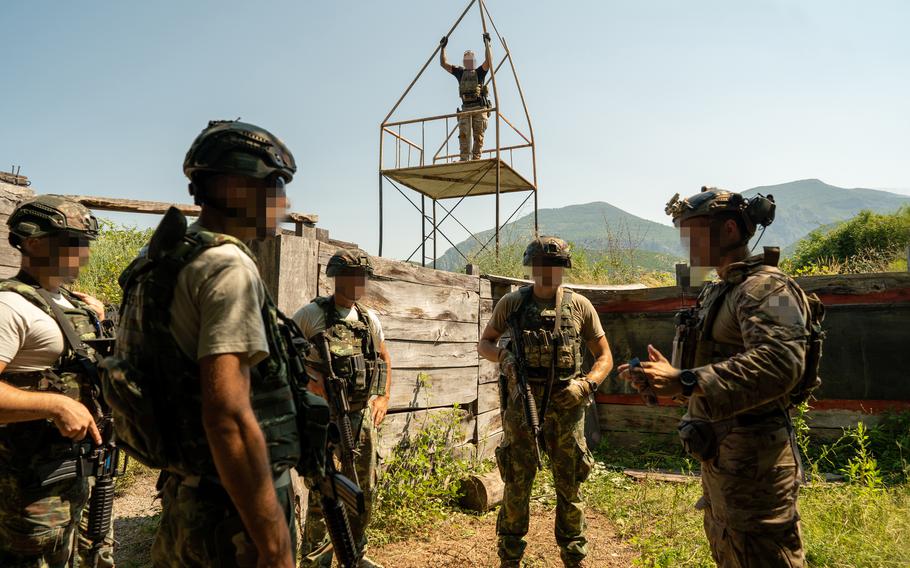 U.S. Army Green Berets assigned to 10th Special Forces Group reviews close-quarter battle drills conducted by the Albanian Special Forces, Albania, July 21, 2021. U.S. Special Operations Command Europe said Thursday that it has positioned a new forward operating headquarters in the small southern European country that will serve as a homebase for missions in the broader Balkans region.