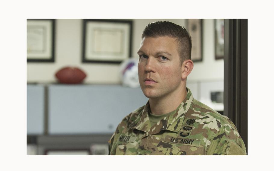 Then Maj. Patrick Miller, a survivor of the 2014 Fort Hood mass shooting, stands outside his office at Tripler Army Medical Center on Nov. 18, 2016.