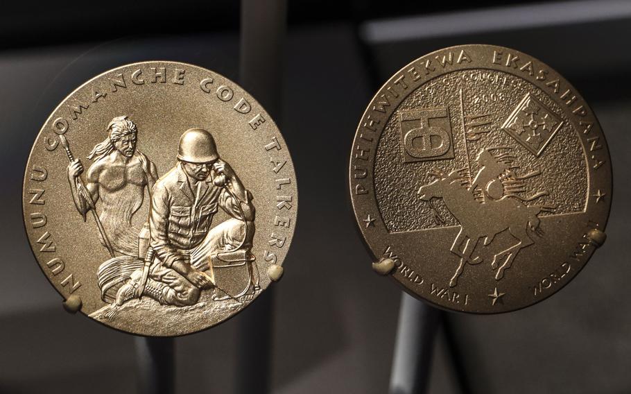 Congressional Gold Medals honoring Comanche Code Talkers, on display at the National Museum of the United States Army on its reopening day, June 14, 2021.