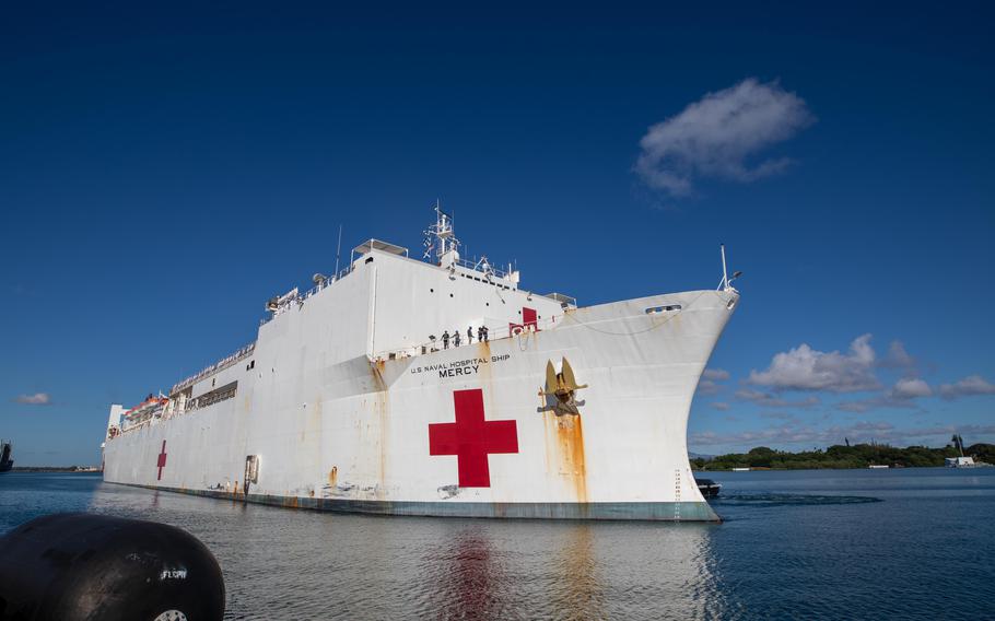 Military Sealift Command hospital ship USNS Mercy arrives at Joint Base Pearl Harbor-Hickam on Oct. 18. 2023.