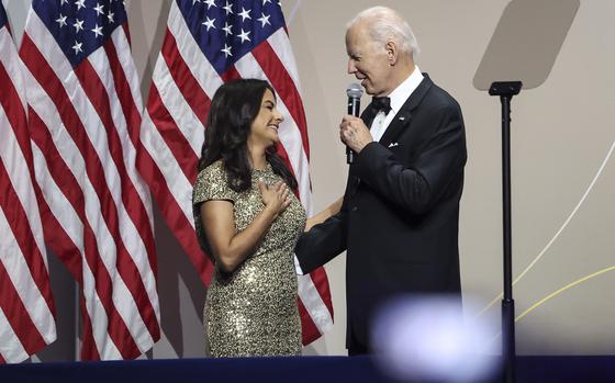 President Joe Biden sings "Happy Birthday" to Rep. Nanette Barragan (D-CA), chairwoman of the Congressional Hispanic Caucus Institute, before delivering remarks at the caucus' 45th annual gala, on September 15, 2022, in Washington, DC. Biden touted his administration's record on issues related to the Hispanic community during this Hispanic Heritage Month. (Kevin Dietsch/Getty Images/TNS)