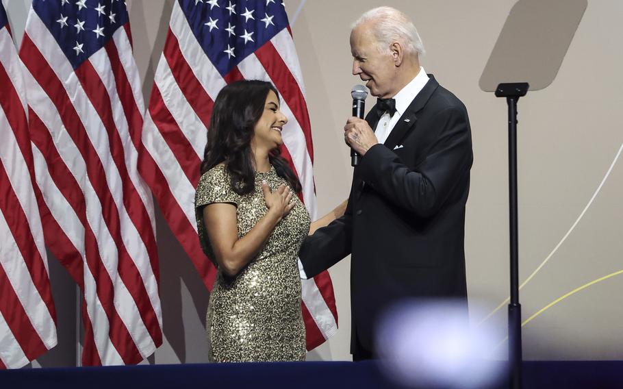 President Joe Biden sings “Happy Birthday” to Rep. Nanette Barragan, D-Calif., chairwoman of the Congressional Hispanic Caucus Institute, on September 15, 2022, in Washington, DC.