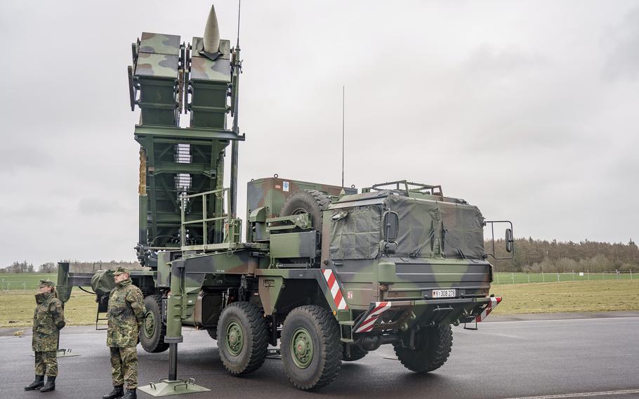 Patriot anti-aircraft missile systems stand on the airfield of a military airport in Schwesing, Germany, March 17, 2022. Polish leaders say that Patriot defense systems that Germany offered Poland would be best given to Ukraine.