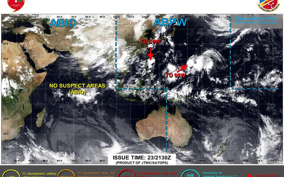 A second tropical cyclone forms and quickly becomes a tropical storm; each remains well away from land masses.