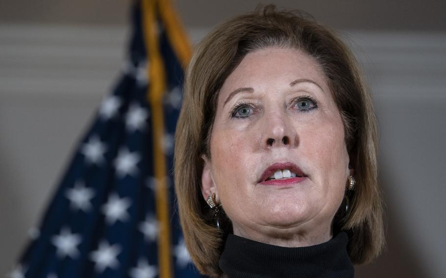 Attorney Sidney Powell speaks to the press about various lawsuits related to the 2020 election, inside the Republican National Committee headquarters on Nov. 19, 2020, in Washington, D.C. (Drew Angerer/Getty Images/TNS)