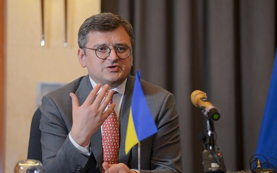 Ukrainian Foreign Minister Dmytro Kuleba speaks at a press conference at a hotel in Addis Ababa, Ethiopia Wednesday, May 24, 2023. Kuleba urged African countries to abandon their stances of neutrality towards his country's war with Russia. (AP Photo)