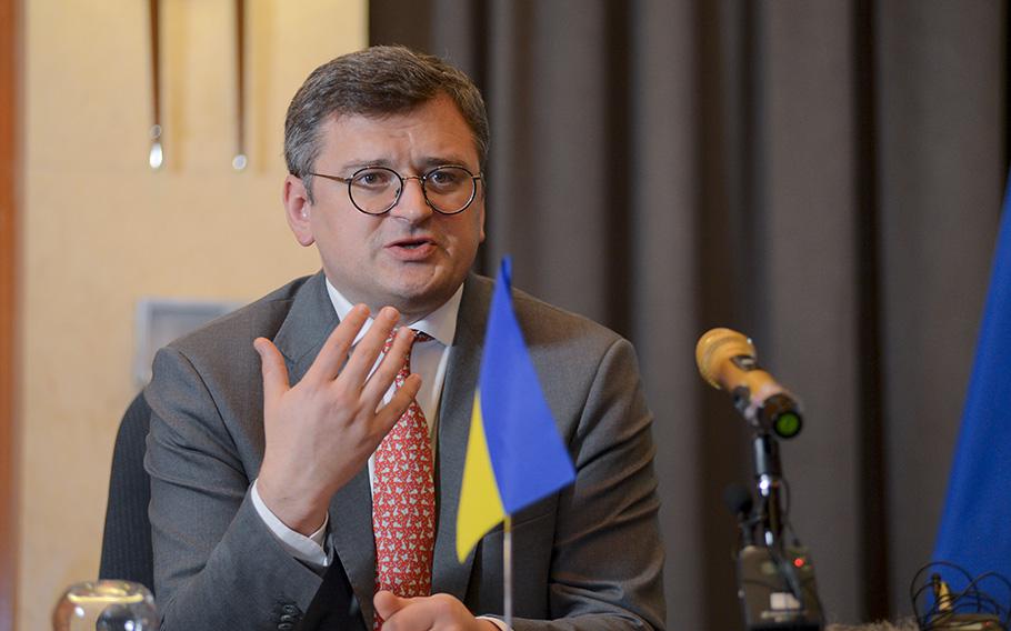 Ukrainian Foreign Minister Dmytro Kuleba speaks at a press conference at a hotel in Addis Ababa, Ethiopia, onWednesday, May 24, 2023. Kuleba urged African countries to abandon their stances of neutrality towards his country’s war with Russia.