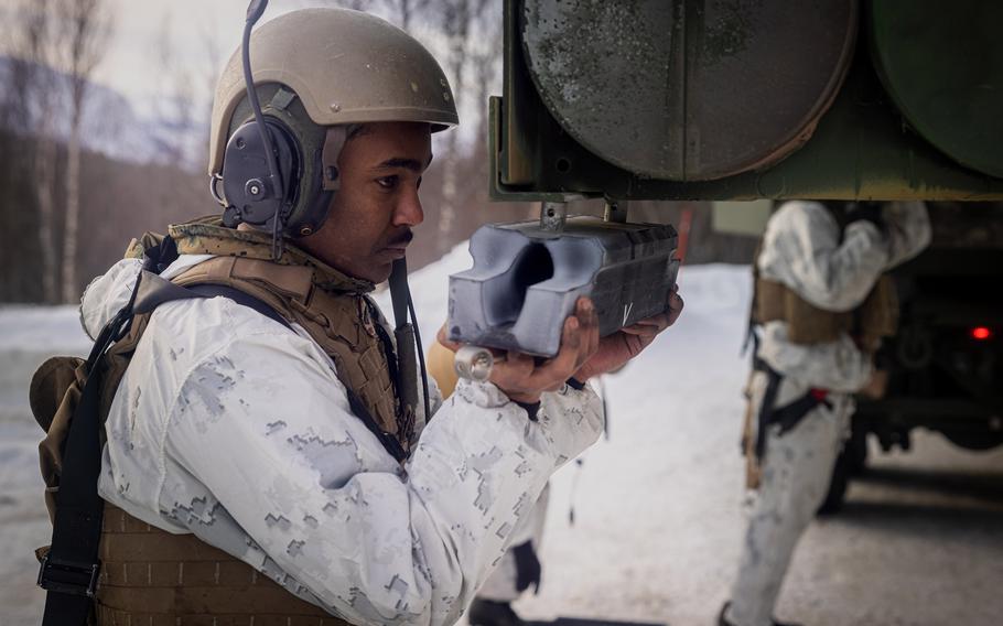 U.S. Marine Cpl. Tedrose Teshager maintains an M142 HIMARS in Setermoen, Norway, Feb. 27, 2024, in preparation for exercise Nordic Response. The American presence in the exercise in Norway, Sweden and Finland will consist of about 2,500 Marines.