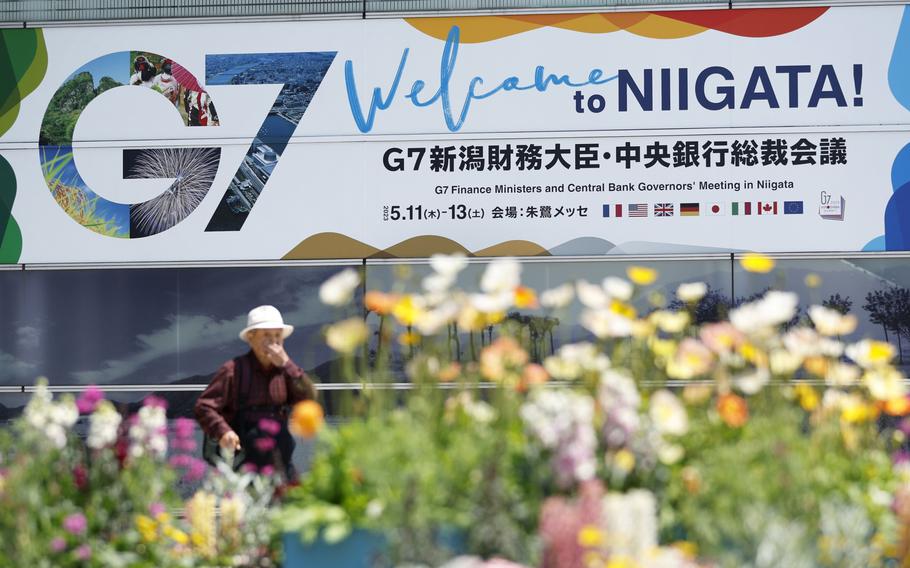 A sign for the Group of Seven finance ministers and central bank governors meeting in Niigata, Japan, on Wednesday, May 10, 2023.