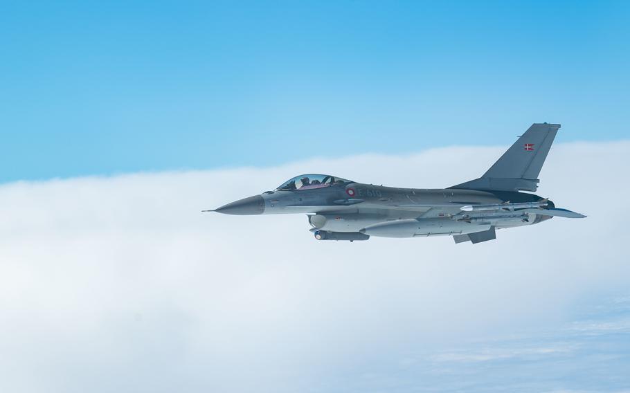 A Danish F-16 flies with a U.S. B-52H Stratofortress during an exercise May 16, 2021. Danish aircraft responded to a Russian spy plane entering Danish airspace April 29 in the vicinity of the countrys island of Bornholm. 