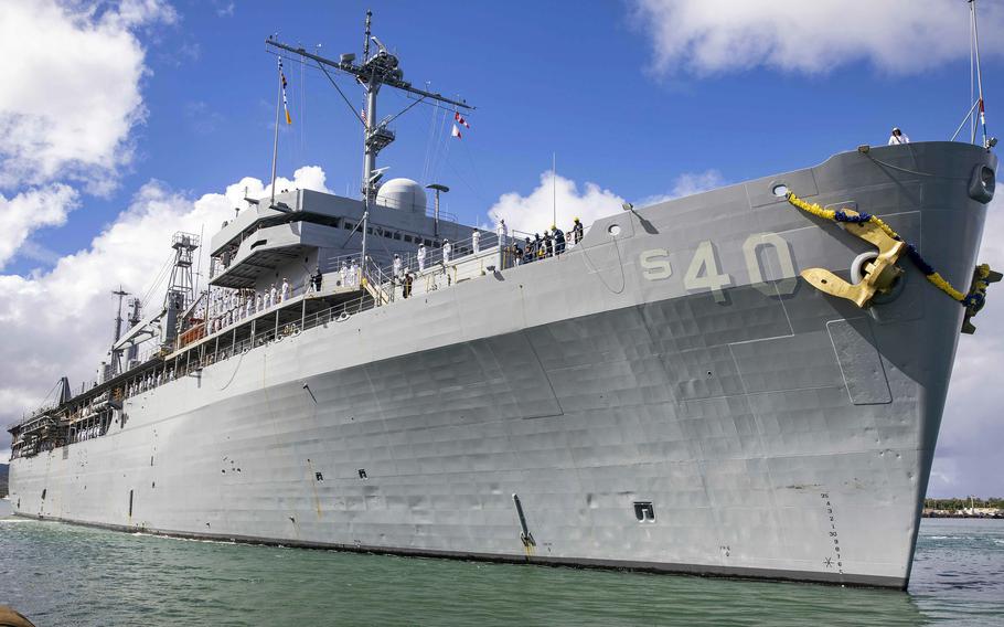 The submarine tender USS Frank Cable returned to Naval Base Guam on Oct. 6, 2023, after nearly a year in dry dock for repairs and an overhaul.