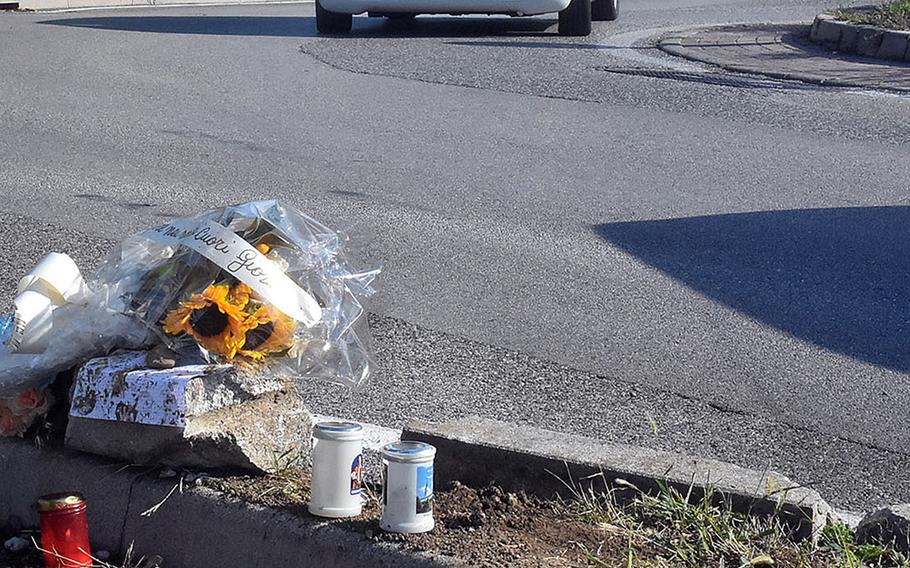 A small memorial marks the spot in Sant’ Antonio Porcia, Italy, where an Italian teenager was killed in August 2022. Julia Bravo, an American airman stationed at Aviano Air Base, received a suspended prison sentence for striking the teenager with her car. 