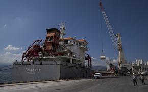 The cargo ship Polarnet arrives to Derince port in the Gulf of Izmit, Turkey, Monday Aug. 8, 2022. The first of the ships to leave Ukraine under a deal to unblock grain supplies amid the threat of a global food crisis arrived at its destination in Turkey on Monday. (AP Photo/Khalil Hamra)