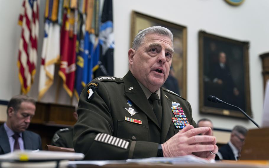 Army Gen. Mark Milley, chairman of the Joint Chiefs of Staff, speaks Tuesday, April 5, 2022, during a House Armed Services Committee hearing in Washington about the fiscal year 2023 defense budget.
