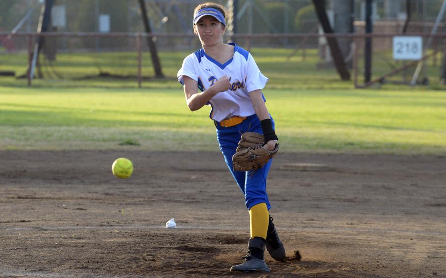 Yokota right-hander Erica Haas delivers against Zama during Tuesday’s DODEA-Japan softball game. Haas pitched one-hit ball over five innings with 10 strikeouts and also batted 3-for-4 with four stolen bases as the Panthers won 15-3.