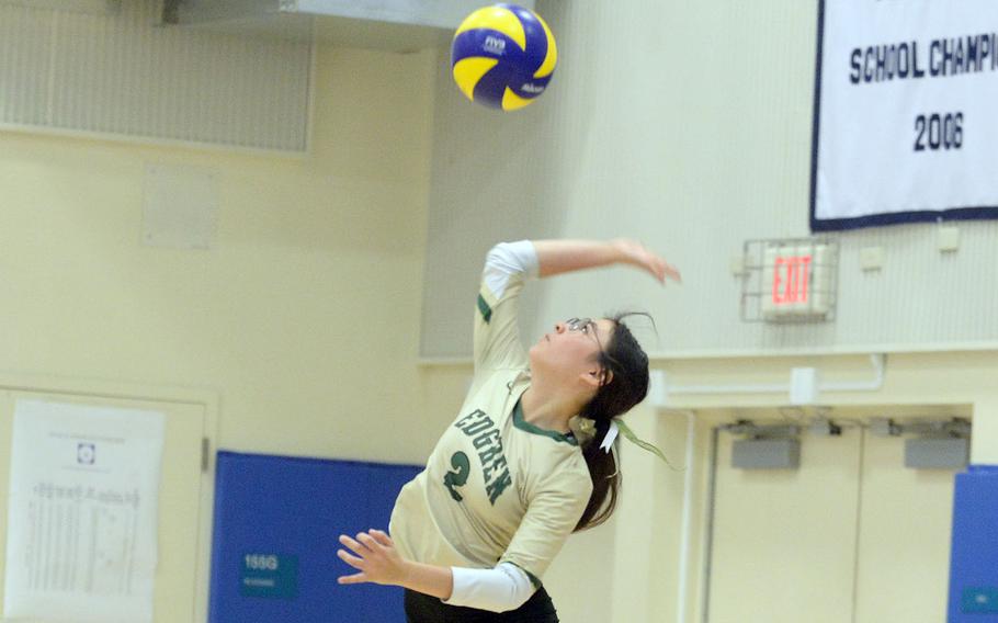 Robert D. Edgren's Alyssa Marrero serves against Yokota during Saturday's DODEA-Japan girls volleyball match. The Panthers won in three sets Saturday and four sets Friday.