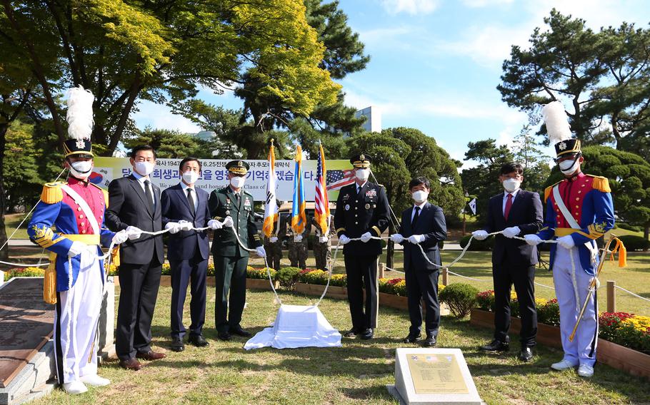 The Korea Military Academy unveils a plaque honoring 1947 West Point graduates killed during the Korean War, Sept. 24, 2021. 