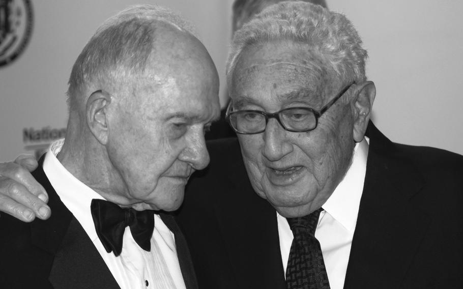 Retired Lt. Gen. Brent Scowcroft talks with former Secretary of State Henry Kissinger before the National Defense University Foundation dinner in Washington, D.C., in March of 2013. Scowcroft, who served as national security advisor to Presidents Gerald Ford and George H.W. Bush, was presented with the group’s first International Statesman and Business Advocate Award. 