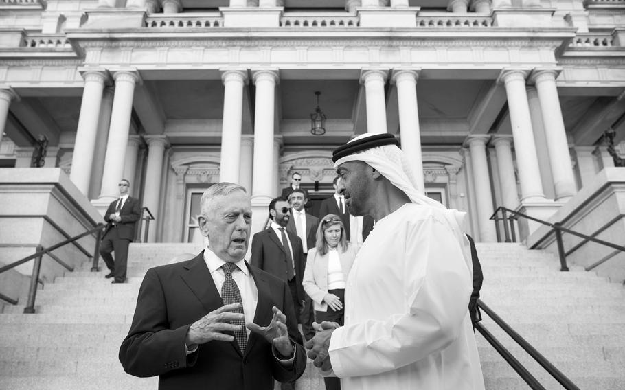 Defense Secretary Jim Mattis meets in Washington in 2017 with Mohamed bin Zayed al-Nahyan, then crown prince of Abu Dhabi. Today Mohamed is ruler of the city-state and president of the UAE.