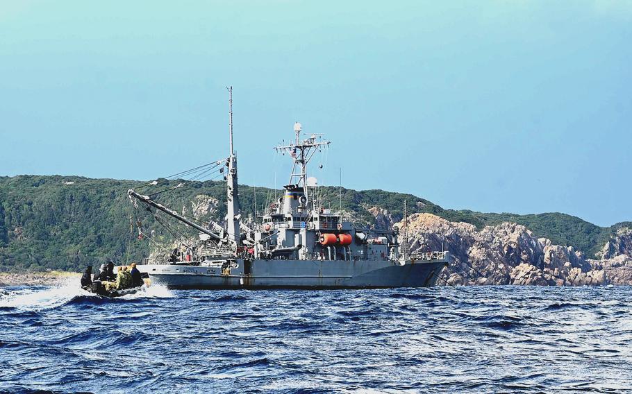 The salvage ship USNS Salvor on Dec. 23, 2023, joined the search and recovery efforts for the Air Force CV-22B Osprey tiltrotor that crashed off the coast of southwestern Japan on Nov. 29.