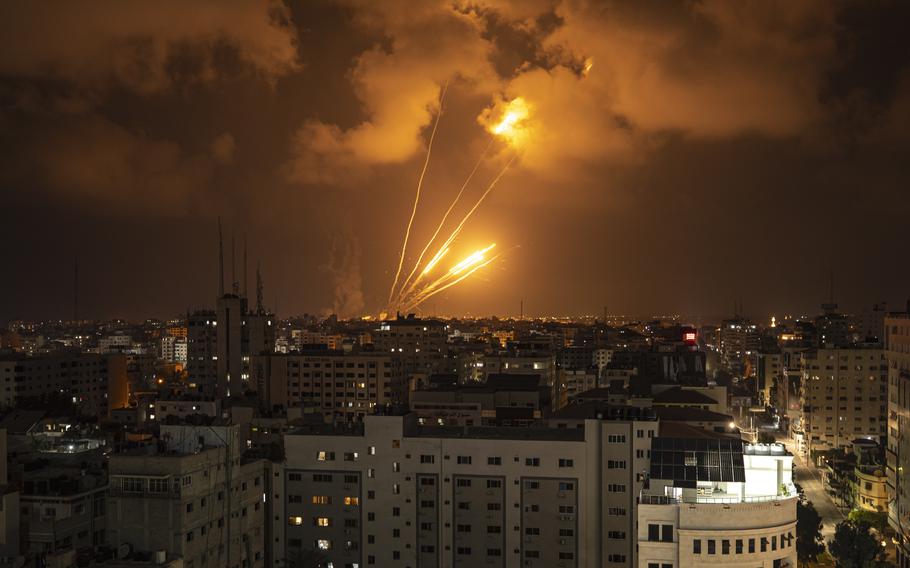 Rockets fired by Palestinian militants toward Israel, in Gaza City, Saturday, Aug. 6, 2022. The latest confrontation between Israel and Gaza militants is in its second day, as Israeli jets hit targets in Gaza and rocket fire persists into southern Israel. Palestinian officials say at least 15 people have been killed in Gaza, including a senior militant leader and a 5-year-old girl.