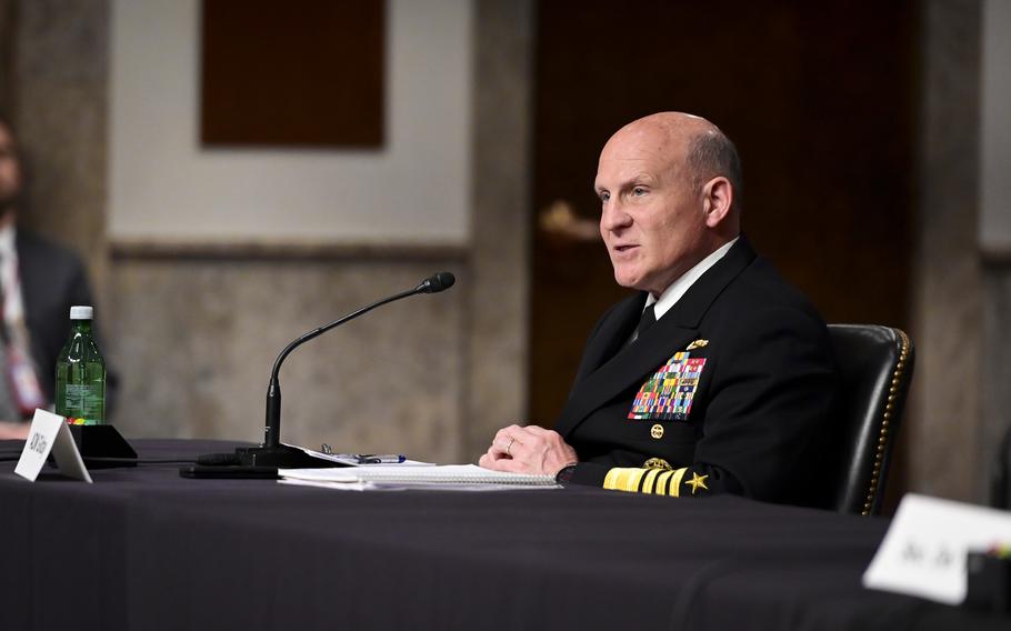Adm. Mike Gilday, chief of naval operations, delivers testimony Thursday, May 12, 2022, at a Senate Armed Services Committee hearing on Capitol Hill in Washington. The hearing focused on the Navy budget for fiscal 2023.