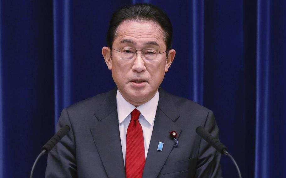 Japan’s Prime Minister Fumio Kishida speaks during a briefing in Tokyo Friday, Feb. 25, 2022. 