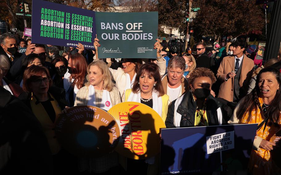 Members of Congress, including Rep. Carolyn Maloney (D-New York), Rep. Jackie Speier (D-California), Rep. Barbara Lee (C-California) and others join a pro-choice rally in front of the U.S. Supreme Court as the justices hear hear arguments in Dobbs v. Jackson Women’s Health, a case about a Mississippi law that bans most abortions after 15 weeks,  on December 01, 2021 in Washington, D.C. 