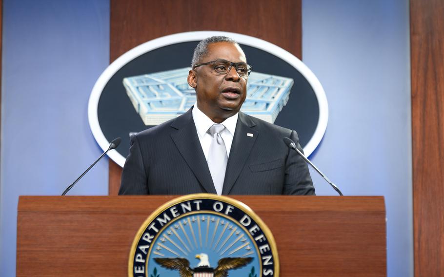 Secretary of Defense Lloyd J. Austin III briefs the press from the Pentagon Briefing Room, Washington, D.C., Feb. 19, 2021.