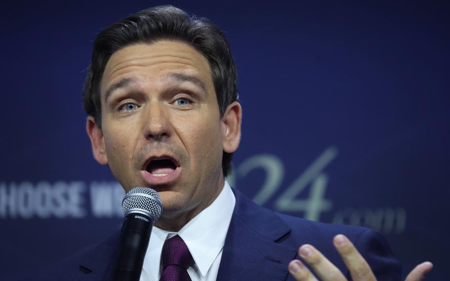Florida Gov. Ron DeSantis speaks to guests at the Family Leadership Summit on July 14, 2023, in Des Moines, Iowa. 
