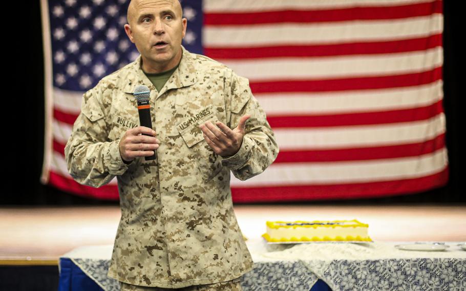 Brig. Gen. Farrell Sullivan speaks to Marines and sailors during a ceremony at Naval Support Activity Bahrain on October 14, 2021.