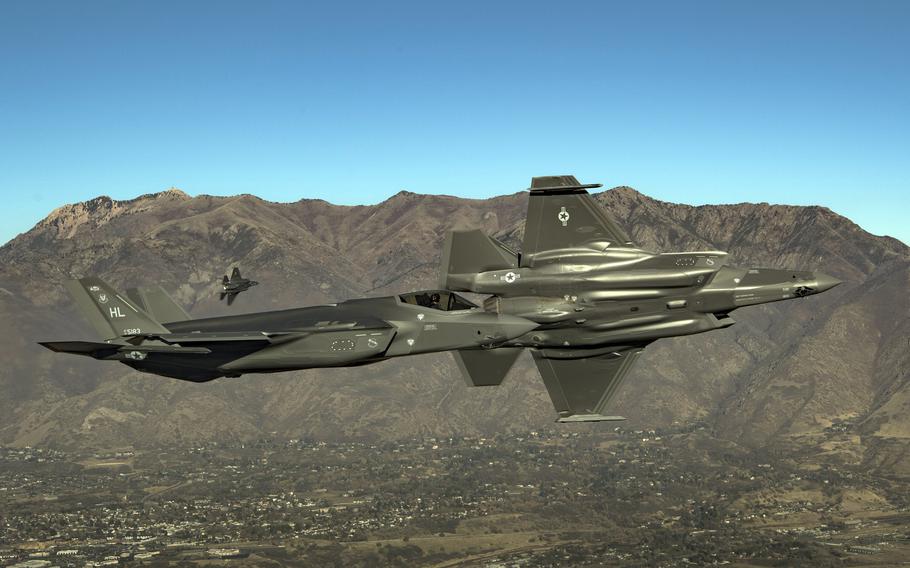 F-35A Lightning IIs manuever over Hill Air Force Base, Utah, during an exercise on Nov. 19, 2018. 