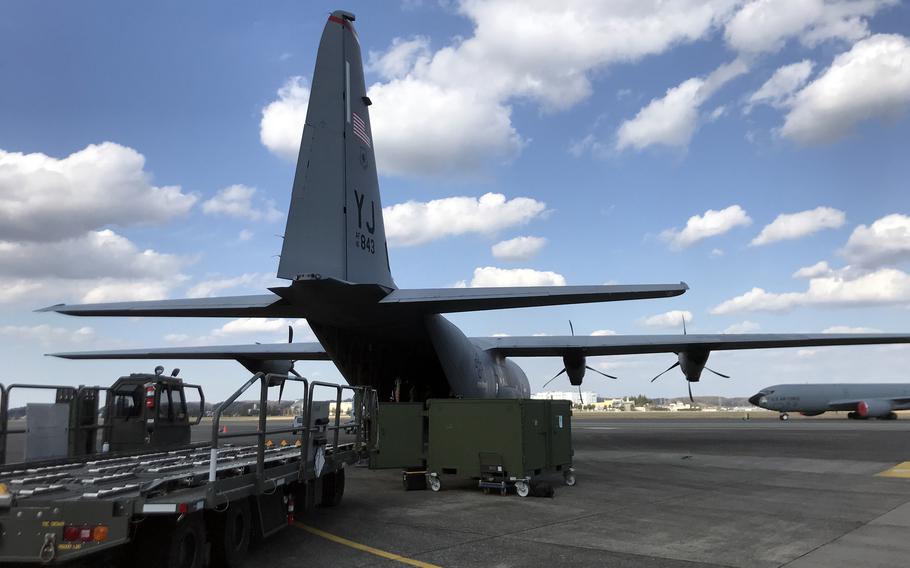 A Starlink terminal inside this C-130J Super Hercules at Yokota Air Base, Japan, allowed Air Force Expeditionary Center commander Maj. Gen. John Klein to video conference with an airman on the island of Diego Garcia, more than 5,000 miles away, Monday, March 20, 2023. 