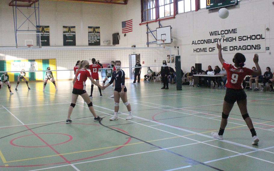 The Lakenheath Lancers girls volleyball team faced off with the Alconbury Dragons on Friday, Oct. 1, 2021 at Alconbury High School. Lauryn Hanner had eight serving attempts and six aces against the Dragons. 