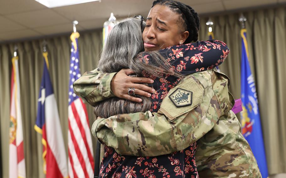 The first time Army Staff Sgt. Aschlynd Spidell-Flores, right, encountered Dianna McMahan, she was unconscious. They met again Oct. 20, 2023, at Fort Knox, Ky., prior to a Soldier’s Medal presentation ceremony, where Spidell-Flores was honored for risking her life to rescue McMahan on Oct. 3, 2022, following a car crash.