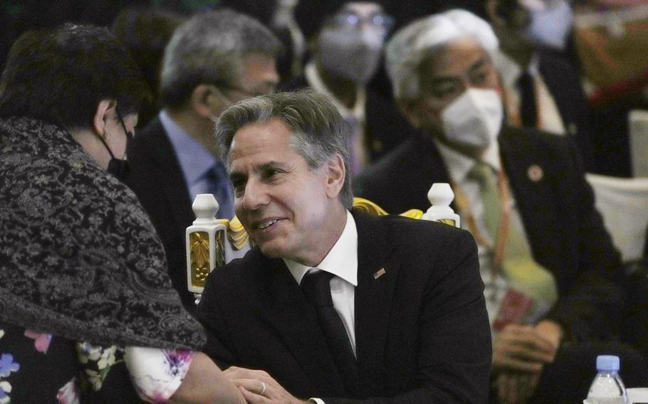 U.S. Secretary of State Antony Blinken, center, attends the 12th East Asia Summit Foreign Ministers’ Meeting in Phnom Penh, Cambodia, Friday, Aug. 5, 2022.