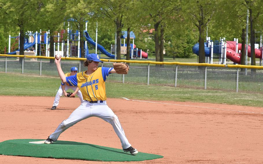 Sigonella's Jackson Surls delivers a pitch against Ansbach on Saturday, April 30, 2022, at Aviano Air Base, Italy.